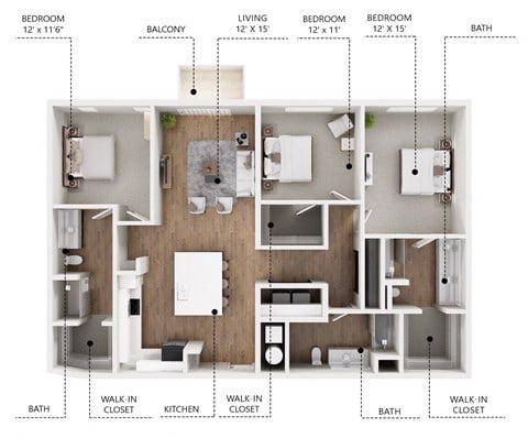Floor plan for 3 beds, 3 baths, 1565 sqft